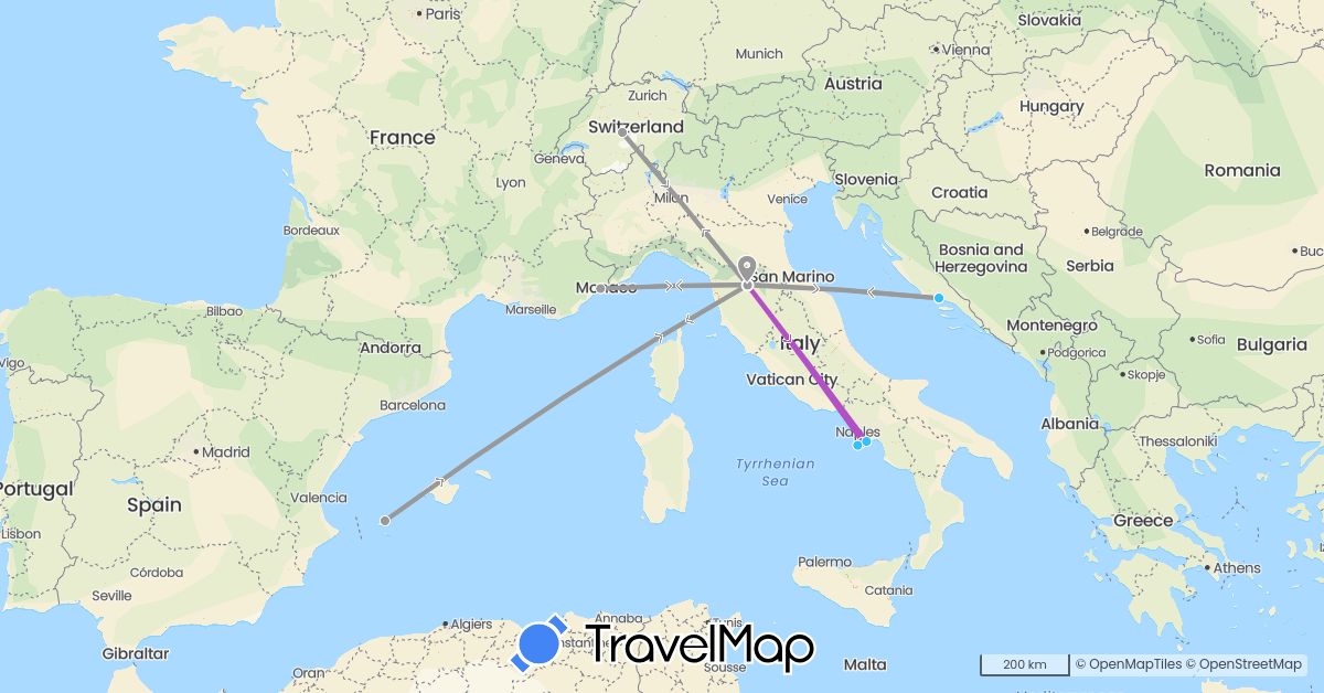 TravelMap itinerary: driving, plane, train, boat in Switzerland, Spain, France, Croatia, Italy (Europe)